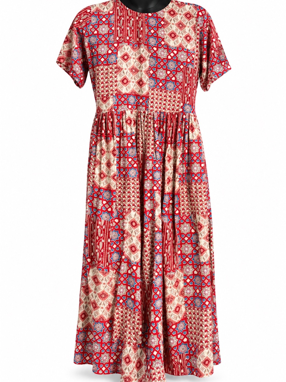 India Red patchwork crinkle boho midi dress d4 - Picture 3 of 10